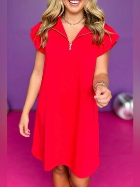 SSYS The Label Reese Flutter Sleeve Shift Dress XL Red Quarter Zip Gold Stretch